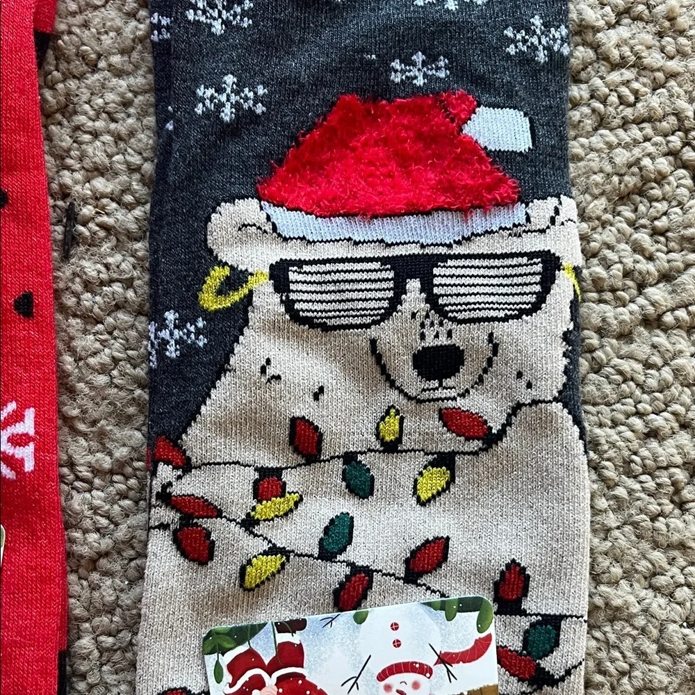 🇺🇸2 pr Festive Christmas Socks Set - Bear in Sunglasses, Mustaches Red and Green